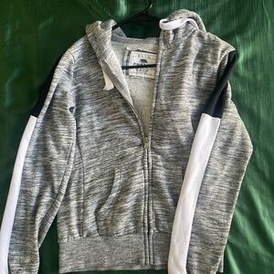 Gray Zip-Up Hoodie with Black and White Stripes